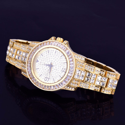 Mens Lab Diamond Luxury Baguette Iced 14k Gold Stainless Steel Bling Watch