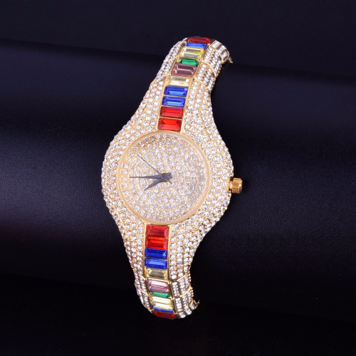 Ladies Flooded Ice Luxury Candy Baguette Iced Gold Stainless Steel Bling Watch