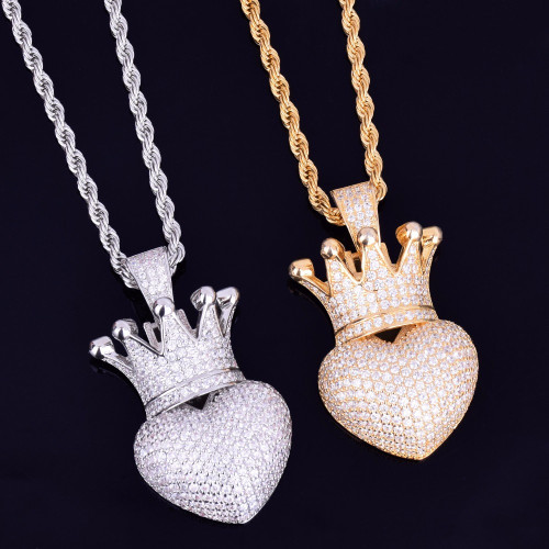 Crowned Heart 14k Rose Gold Silver Iced Pendant