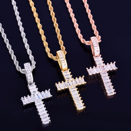 Mini Baguette 18k Gold .925 Silver Rose Gold AAA Micro Pave Cross Pendant Chain Necklace