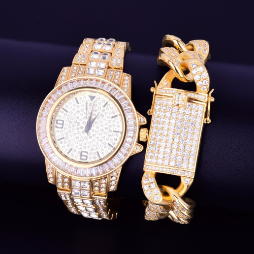 Lab Diamond Luxury Baguette 14k Gold Stainless Steel Bling Watch