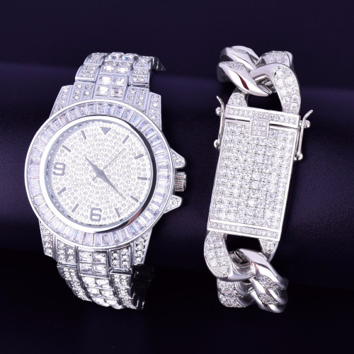  Lab Diamond Luxury Baguette Silver Stainless Steel Bling Watch Cuban Link Bracelet Set