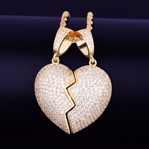 Micro Pave Stone Couples Heart Hip Hop Lab Diamond Detachable Pendant Chain Necklace