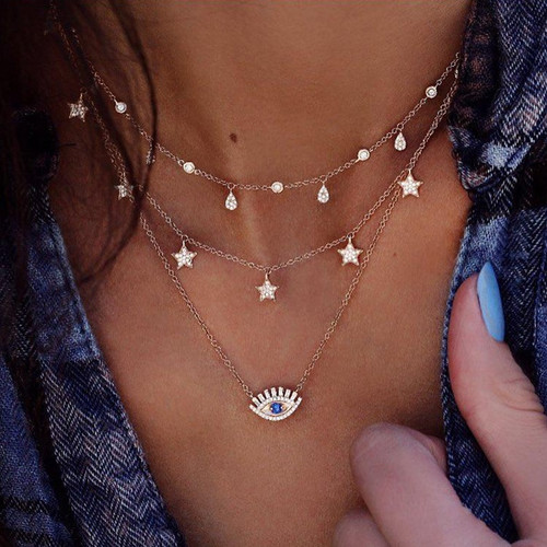 Ladies Stars Water Drops All Seeing Eye Crystal Gem 3 Piece Boho Necklace Set Gold 