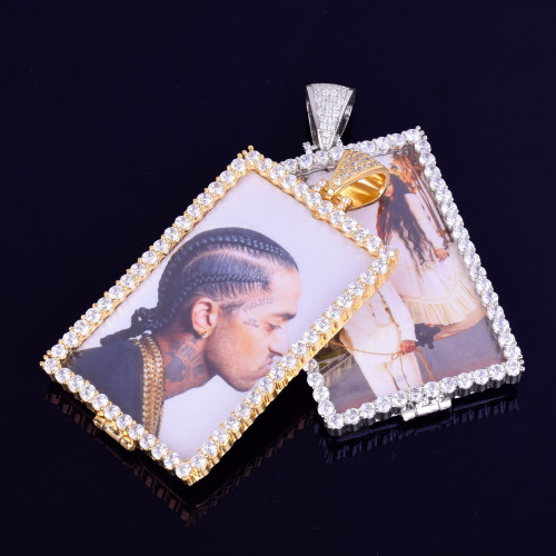 18k Rose Gold .925 Silver Micro Pave Lab Diamond Custom Square Photo Pendant Chain Necklace
