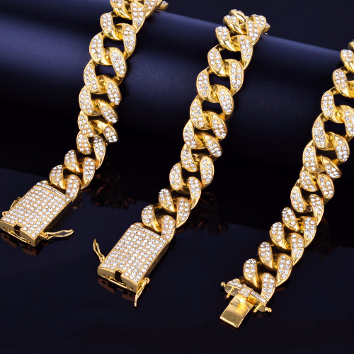 Simulated Diamond Miami Cuban Link 20mm 18k Gold Silver Rose Gold Hip Hop Chain Bracelet Set