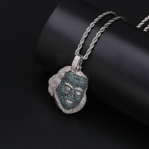 Hip Hop Blue Face Platinum Benjamin Franklin Lab Diamond Piece Pendant Chain Necklace