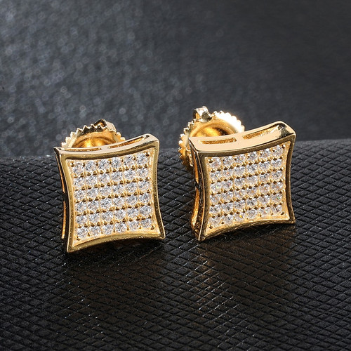 AAA Full Micro Pave Square Bling 14k Gold Iced Stud Earrings