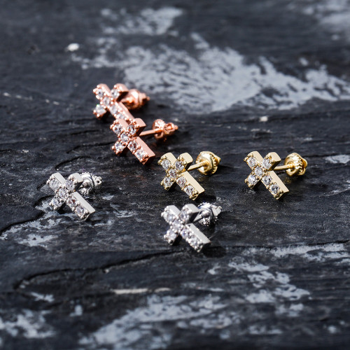 Hip Hop Simulated Diamond Holy Cross .925 Silver 14k Rose Gold Silver Bling Earrings