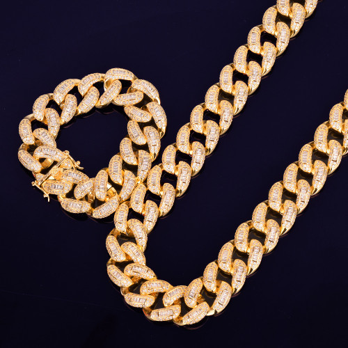 Baguette AAA Lab Created Miami Cuban Link Chain Bracelet Hip Hop Jewelry Set