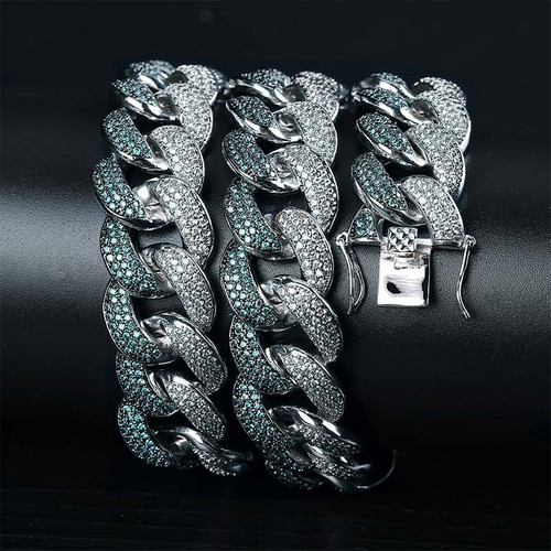 18MM Flooded Ice Mint Blue AAA Micro Pave Stone Miami Cuban Link Hip Hop Chain Bracelet Set