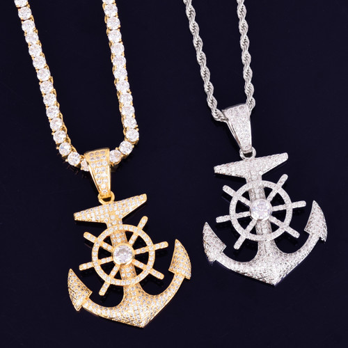 925 Silver 18k Gold Nautical Anchor Cross Flooded Ice Hip Hop Pendant Chain Necklace