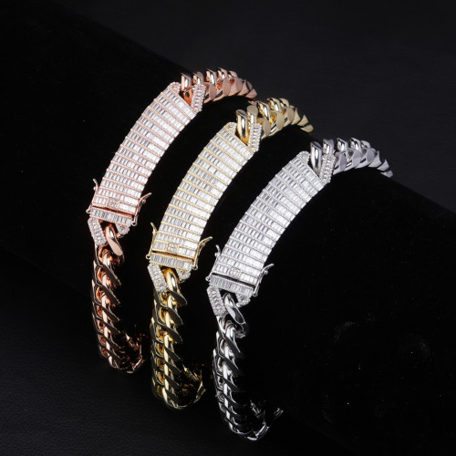 18mm Long Lock Clasp AAA Baguette Prong Pave Setting Cuban Link Chain Necklace