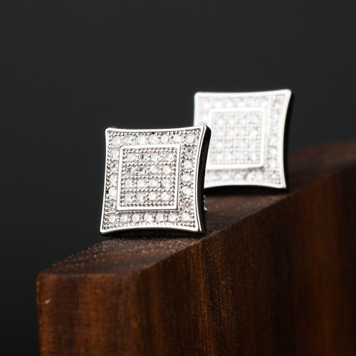 AAA Micro Pave Double Squared Hip Hop 14k Gold 925 Silver Flooded Ice Earrings