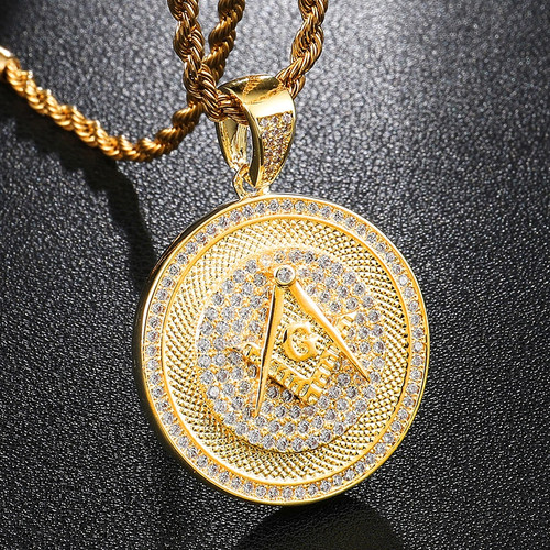 Hip Hop Flooded Ice AAA Micro Pave Stone Masonic 14k Gold Bling Pendant