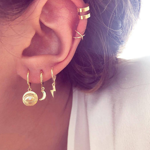 Fashion Eye Moon Lightning 5 Piece Gold Hanging Stud Boho Earrings Jewelry Sets