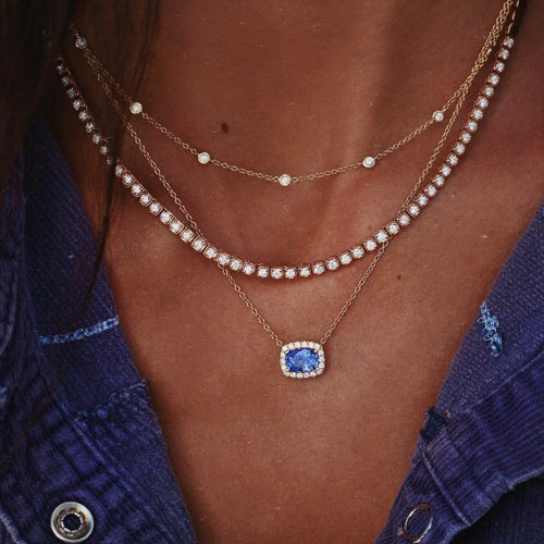 Ladies Blue CZ Crystal Round Bead Boho Clavicle Chain Pendant Necklace