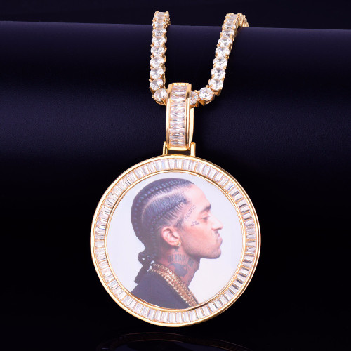 New Baguette AAA Flooded Ice Custom Made Photo Medallion Pendant Chain Necklace