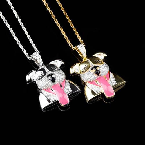 18k Gold Hip Hop Jewelry Pink Tongue AAA Micro Pave Hip Hop Dog Pendant Chain Necklace