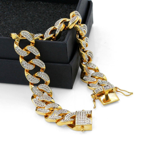 Hip Hop 14mm AAA True Micro Pave Flooded Ice Gold Silver Cuban Link Bracelet