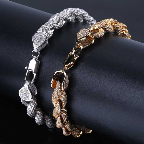  Bling Flooded Ice AAA Micro Pave 8mm Rope Link Hip Hop 14k Gold Silver Chain Bracelet