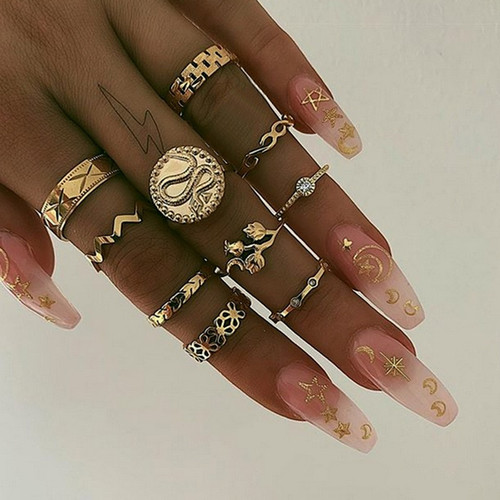 Boho 10 Piece Gold Retro Snake Wave Arrow Flower Crystal Jewelry Ring Set