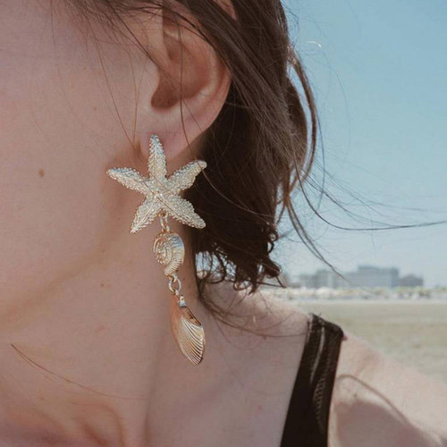 Ladies Sea Shell Starfish Conch Gold Boho Stud Earrings