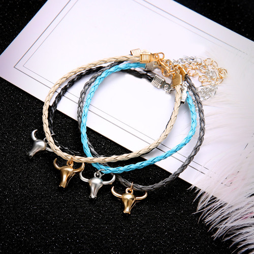 Boho Personality Girl Gold Silver Bull Skull Colorful Leather Braided Bracelet Set