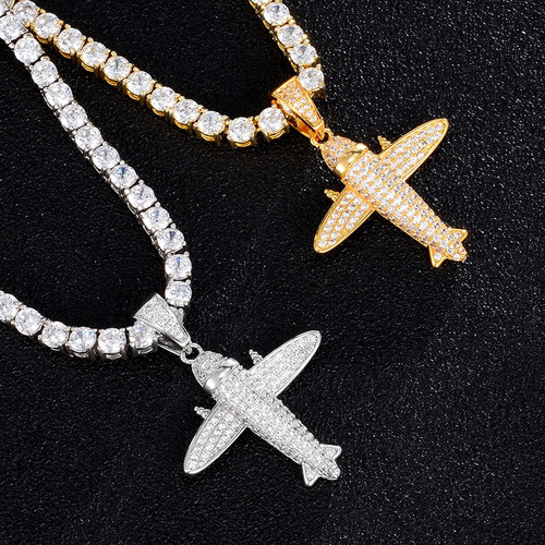 18k Gold .925 Silver AAA Micro Pave Hip Hop Airplane Bling Pendant Chain Necklace