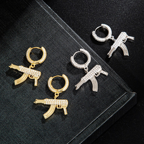 18k Gold .925 Silver AAA Micro Paved AK47 Machine Gun Dangle Hoop Hip Hop Flooded Ice Earrings