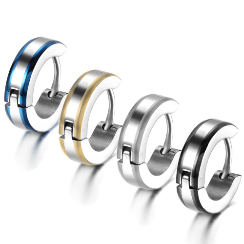Mens Unique Striped Solid Stainless Steel Gold Blue Silver Black Hip Hop Huggie Earrings
