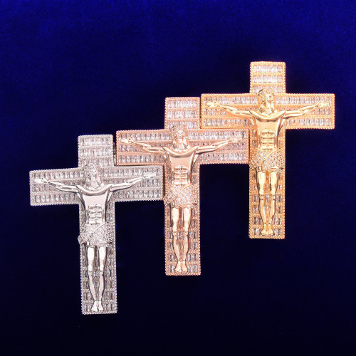 18k Gold .925 Silver Rose Gold Crucifix Jesus Cross Baguette Flooded Ice Hip Hop Pendant