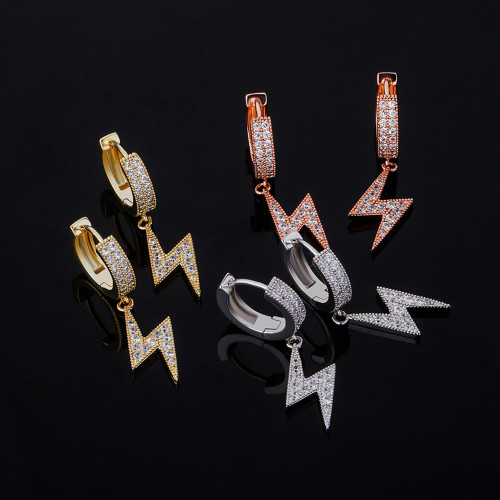 14k Gold 925 Silver Rose Gold Hoop Lightning Bolt Bling Micro Pave Stone Earrings