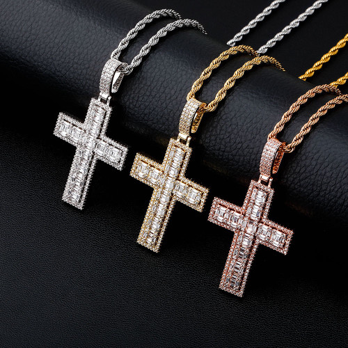 Flooded Ice True Micro Pave 14k 925 Rose Gold Bling Cross Pendant Chain Necklace