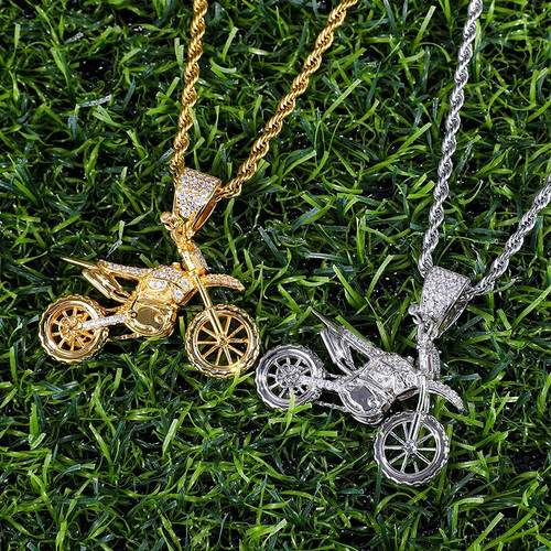 Hip Hop AAA Micro Pave Biker Boy Motorcycle 14k Gold 925 Silver Iced Bling Pendant Chain Necklace