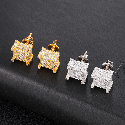 9mm Bling Flooded Ice Micro Full Pave AAA Stone Square Block Boy Hip Hop Earrings