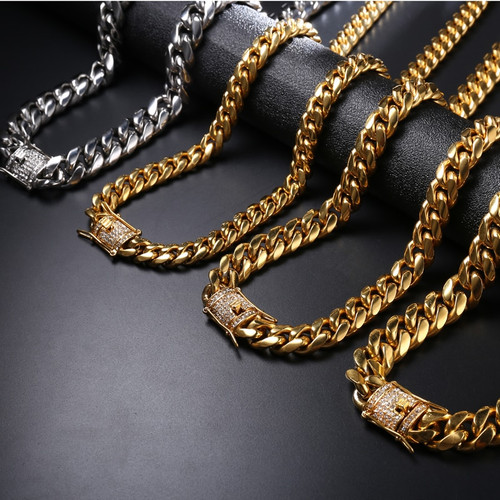  Hip Hop Mens Iced Clasp 316L Stainless Steel Cuban Link Bling Bling Chain Necklaces