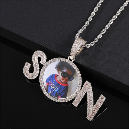 Custom Flooded Ice Baguette 2 Letters Son Hip Hop Picture Photo Pendant Chain Necklace