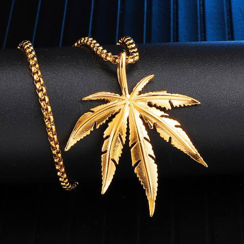 14k Gold Over Stainless Steel Hip Hop Weed Maple Leaf Chronic Bling Pendant