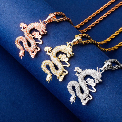 14k White Yellow Rose Gold Lucky Dragon Hip Hop Flooded Ice Pendant Chain Necklace