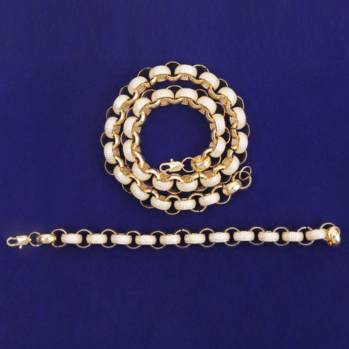 Flooded Ice 18k Gold .925 Silver 10mm Open Rolo Link Hip Hop Jewelry Chain Bracelet Set 