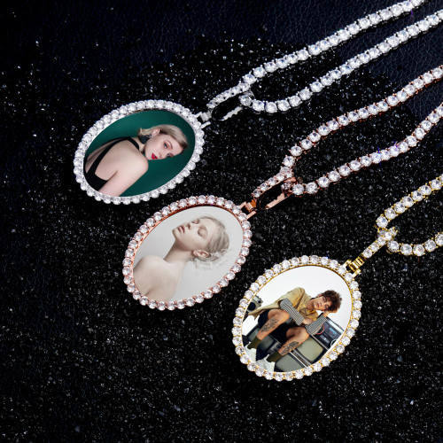 Flooded Iced Oval Custom Photo Picture Selfie Hip Hop Pendant Chain Necklace