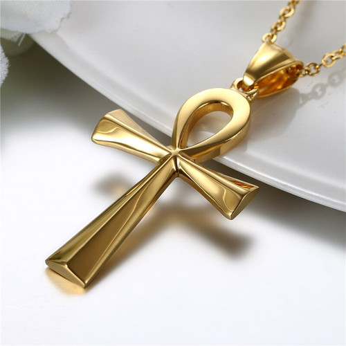 Classic Ancient African Egyptian Ankh 14k Gold over Stainless Steel Cross Pendant Chain Necklace 