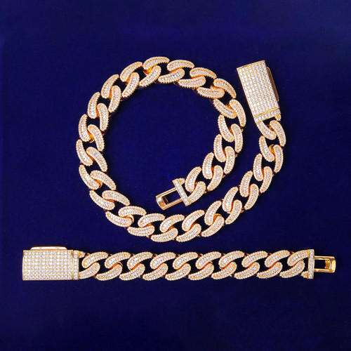 Iced 24k Yellow 14k White Gold 18MM 5A Bling Miami Cuban Link Chain Bracelet Hip Hop Jewelry Set