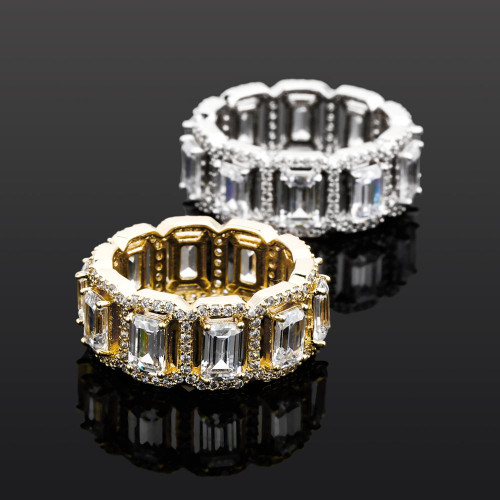 Flooded Ice White Yellow Gold Four Prong Baguette Claw Street Wear Bling Rings