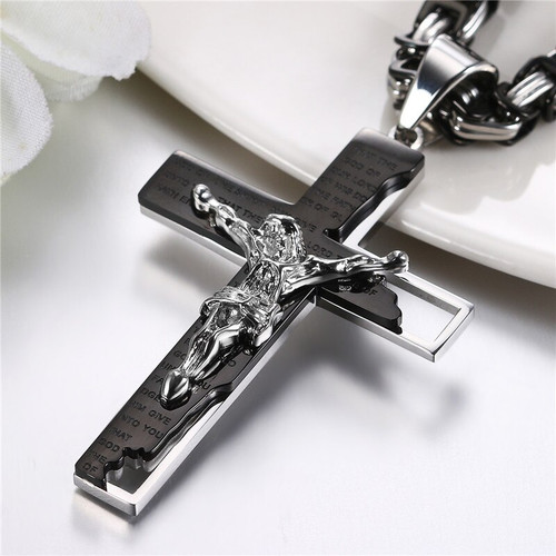 The Lords Prayer Luxury Black Silver Gold over Stainless Steel Jesus Crucifix Cross Pendant Chain Necklace