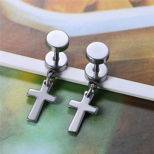 Silver Black over Solid No Tarnish Stainless Steel Cross Screw Back Dangle Earrings