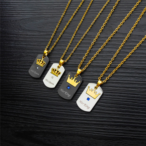 Couples Bling CZ Her King His Queen Lovers Stainless Steel No Tarnish Dog Tag Pendant Chain Necklace