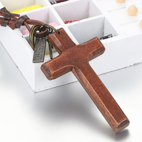 Vintage Wooden Adjustable Leather Engraving Wood Cross Pendant Chain Necklace