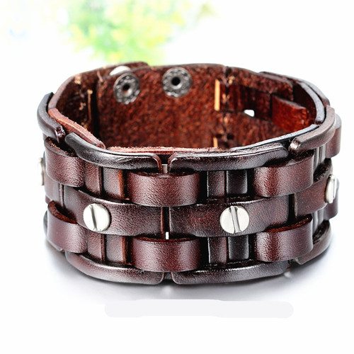 Mens Wide Pharaoh Cuff Street Wear Brown Leather Bracelets